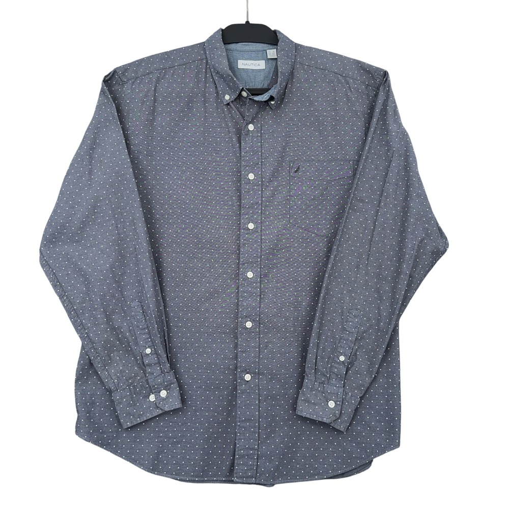 Nautica‎ Mens XL Gray Blue Polka Dot Long Sleeve Button Down Cotton Shirt